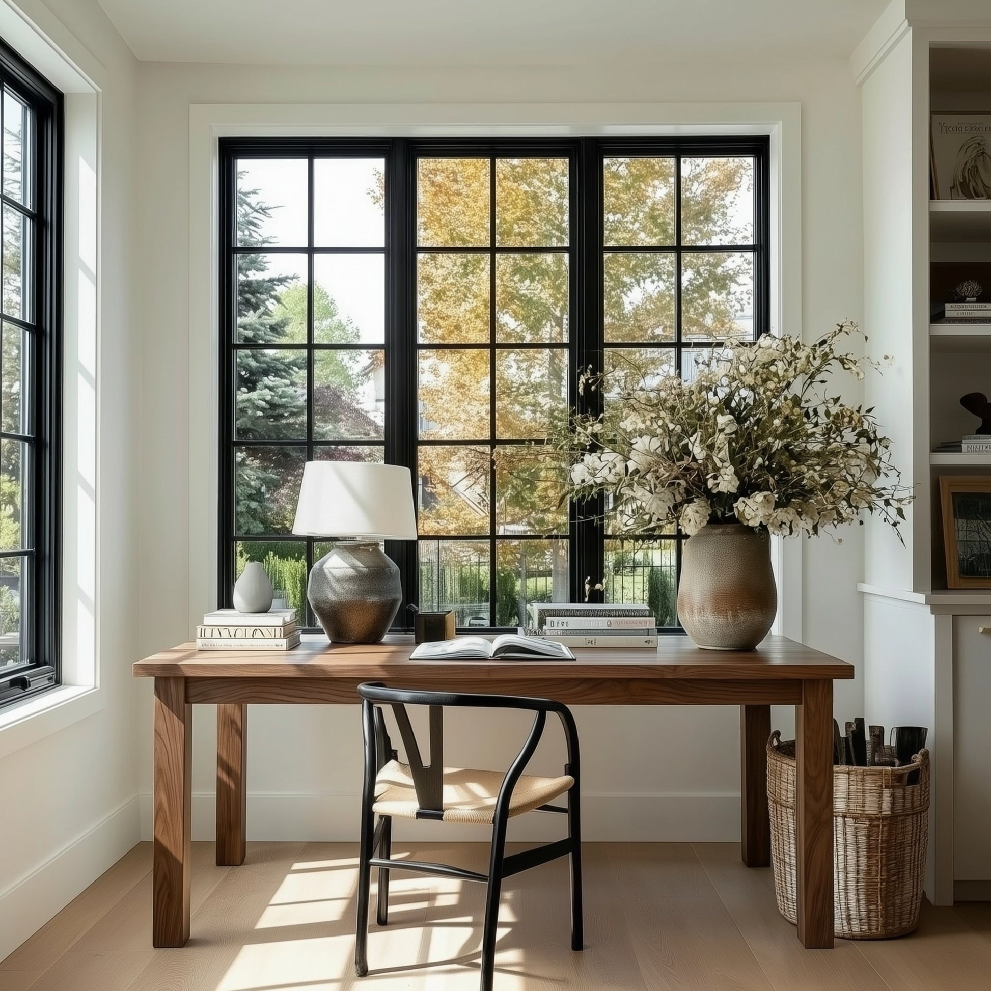 Home office with wooden desk, chair, and large window