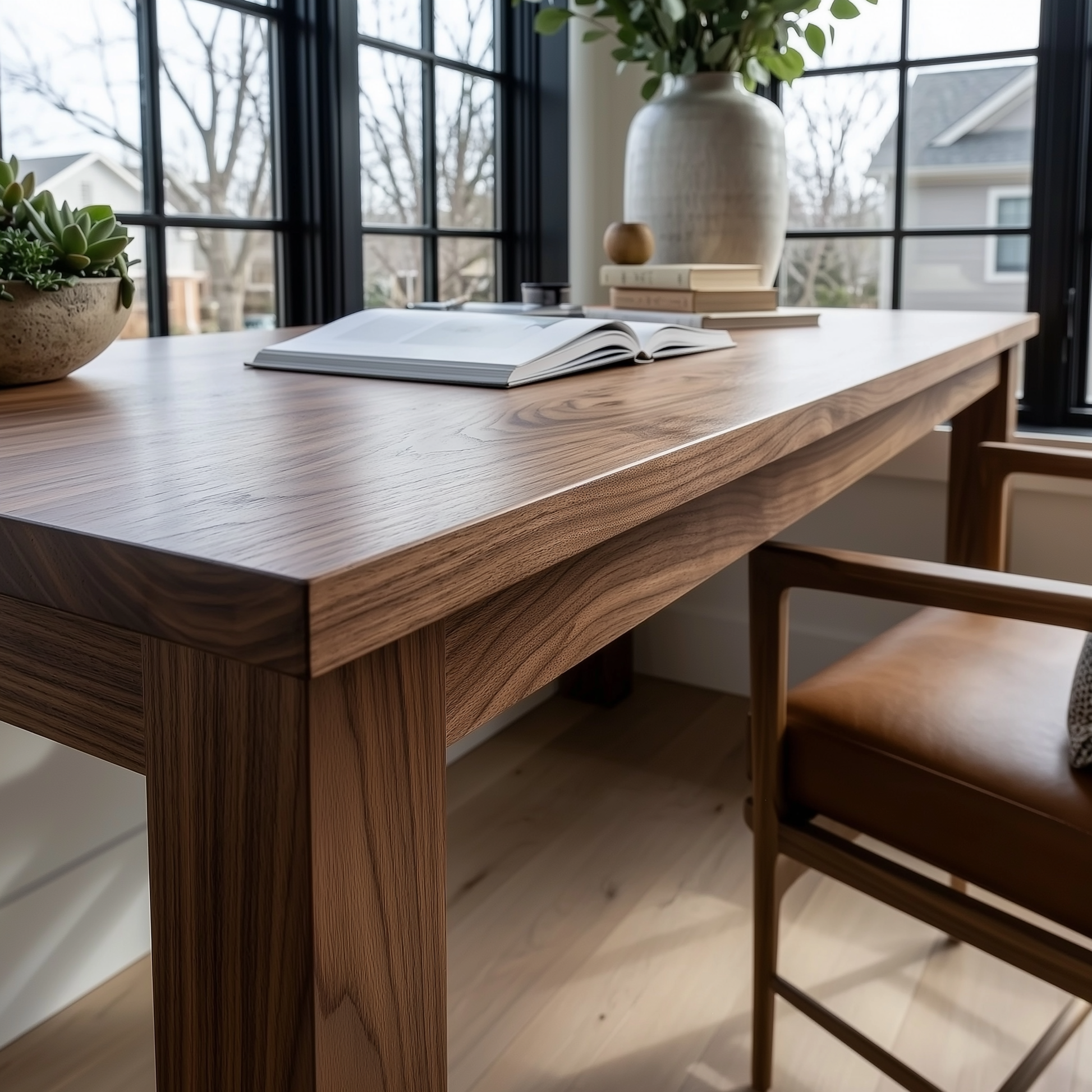 Close up view of the end of a wooden desk with wooden legs in a well furnished office