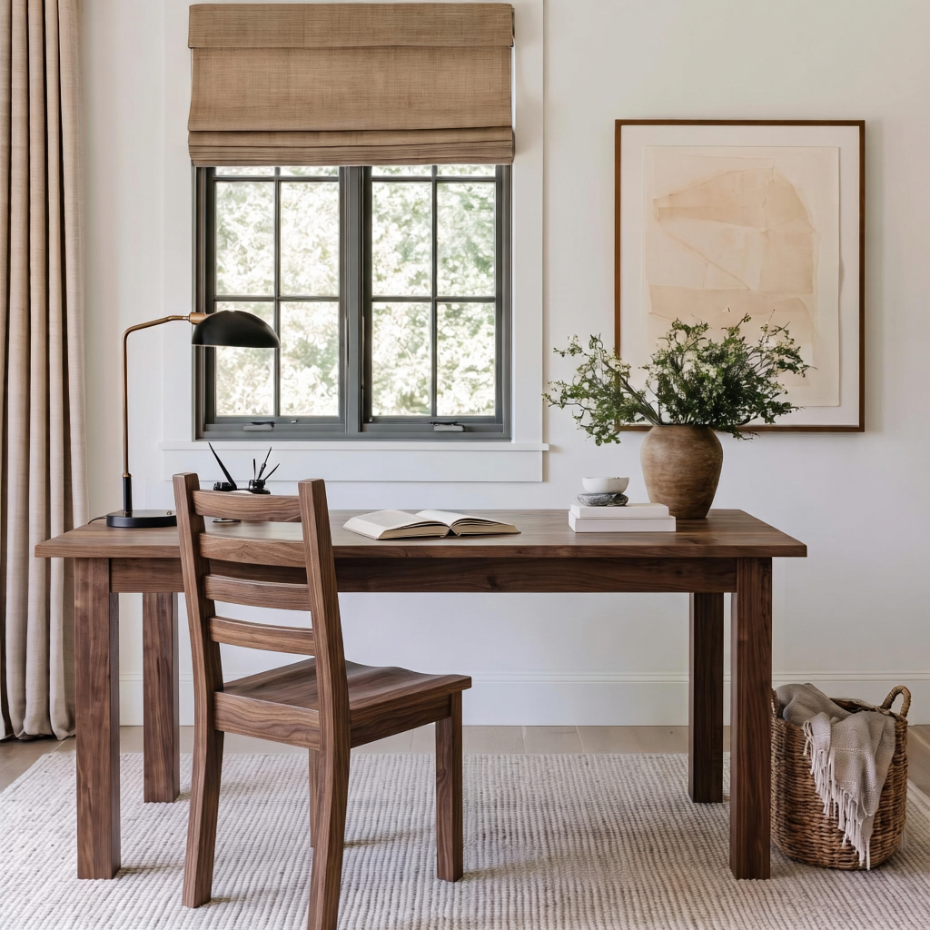 A rustic wooden writing desk with matching ladder-back chair in a bright, neutral-toned home office. The desk is styled with an open book, a black desk lamp, a ceramic vase with greenery, and a stack of books on a light woven rug.
