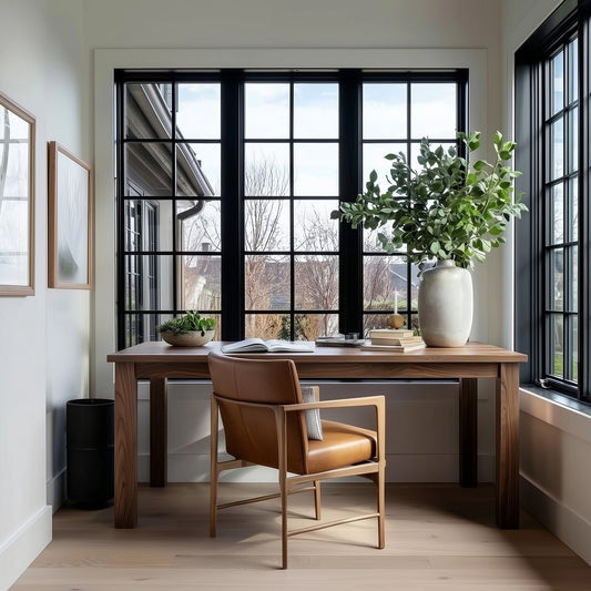 Home office with wooden desk, brown chair, and large windows.