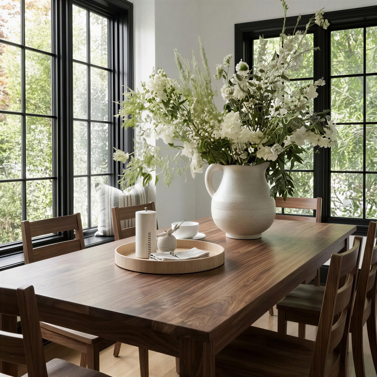 Dining room with a wooden table, chairs, and a large vase of white flowers.