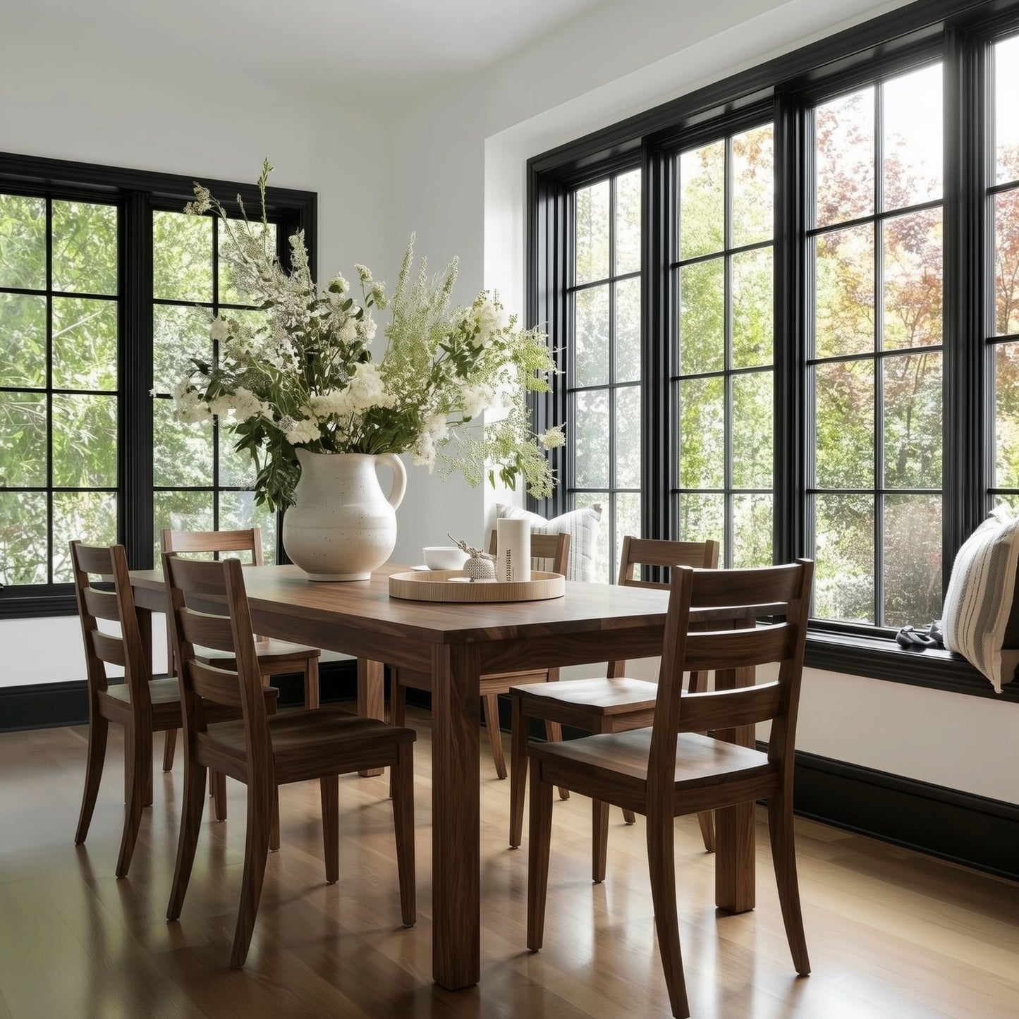 A rectangular dining table made of walnut wood with a straight edge, shown in an elegantly furnished dining room. The table is accompanied by matching wooden chairs, and the room features large windows, a massive plant on the table, and lots of natural sunlight.