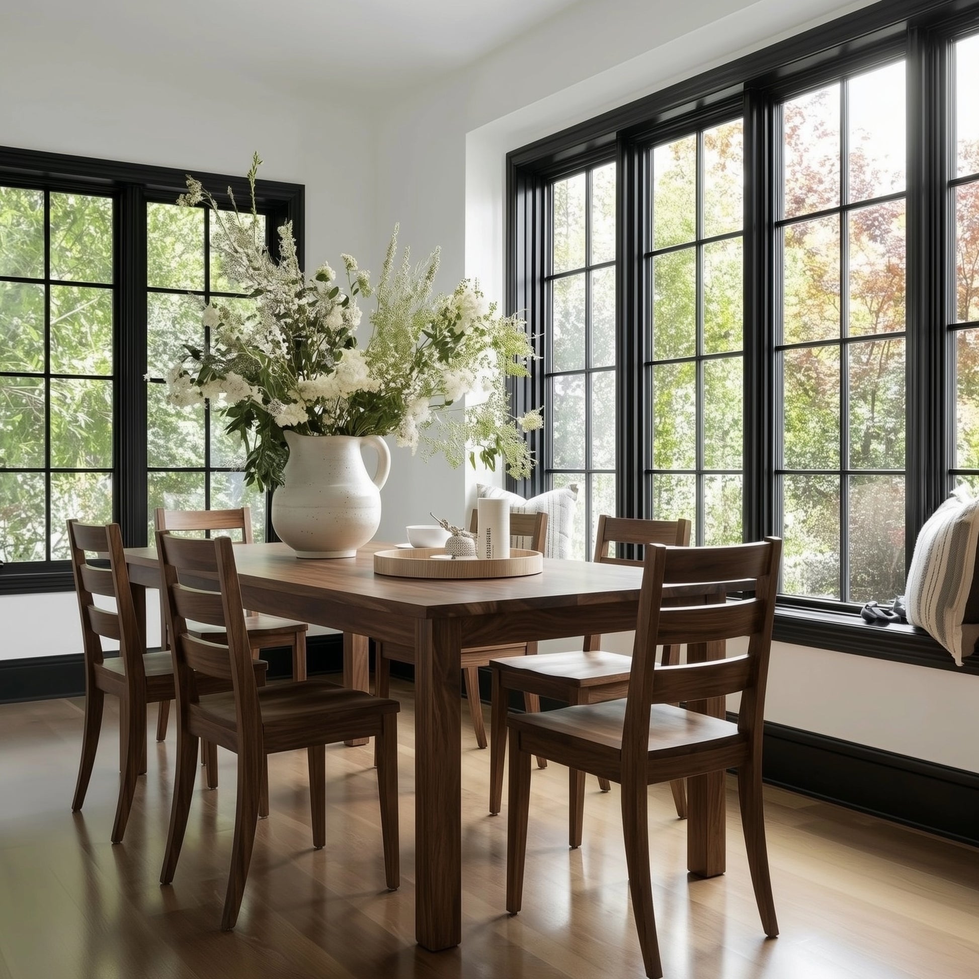 A rectangular dining table made of walnut wood with a straight edge, shown in an elegantly furnished dining room. The table is accompanied by matching wooden chairs, and the room features large windows, a massive plant on the table, and lots of natural sunlight.