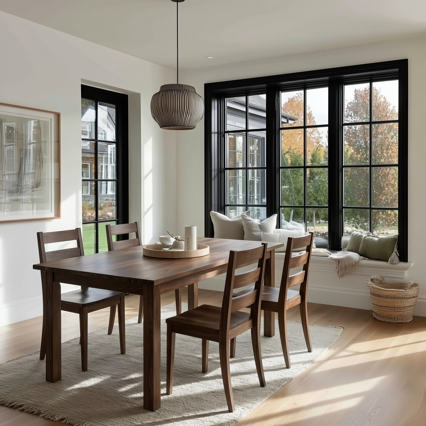 A rectangular dining table made of walnut wood with a straight edge, shown in an elegantly furnished dining room. The table is accompanied by matching wooden chairs, and the room features a large window, and a ceiling light.