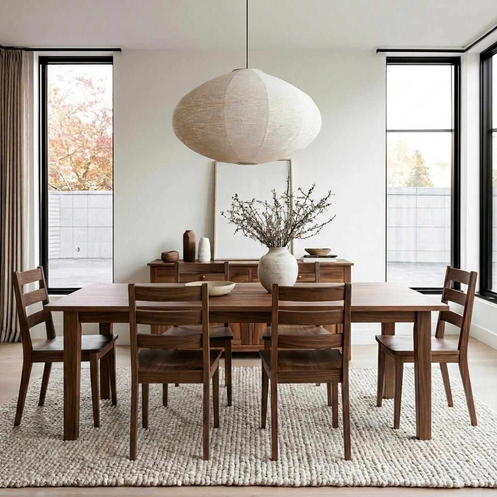 A modern dining room featuring a dark wood rectangular table and six matching wooden chairs with upholstered seats, arranged on a textured light beige rug beneath a large white paper lantern pendant light.