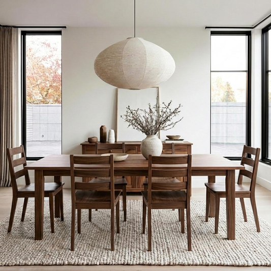 A modern dining room featuring a dark wood rectangular table and six matching wooden chairs with upholstered seats, arranged on a textured light beige rug beneath a large white paper lantern pendant light.