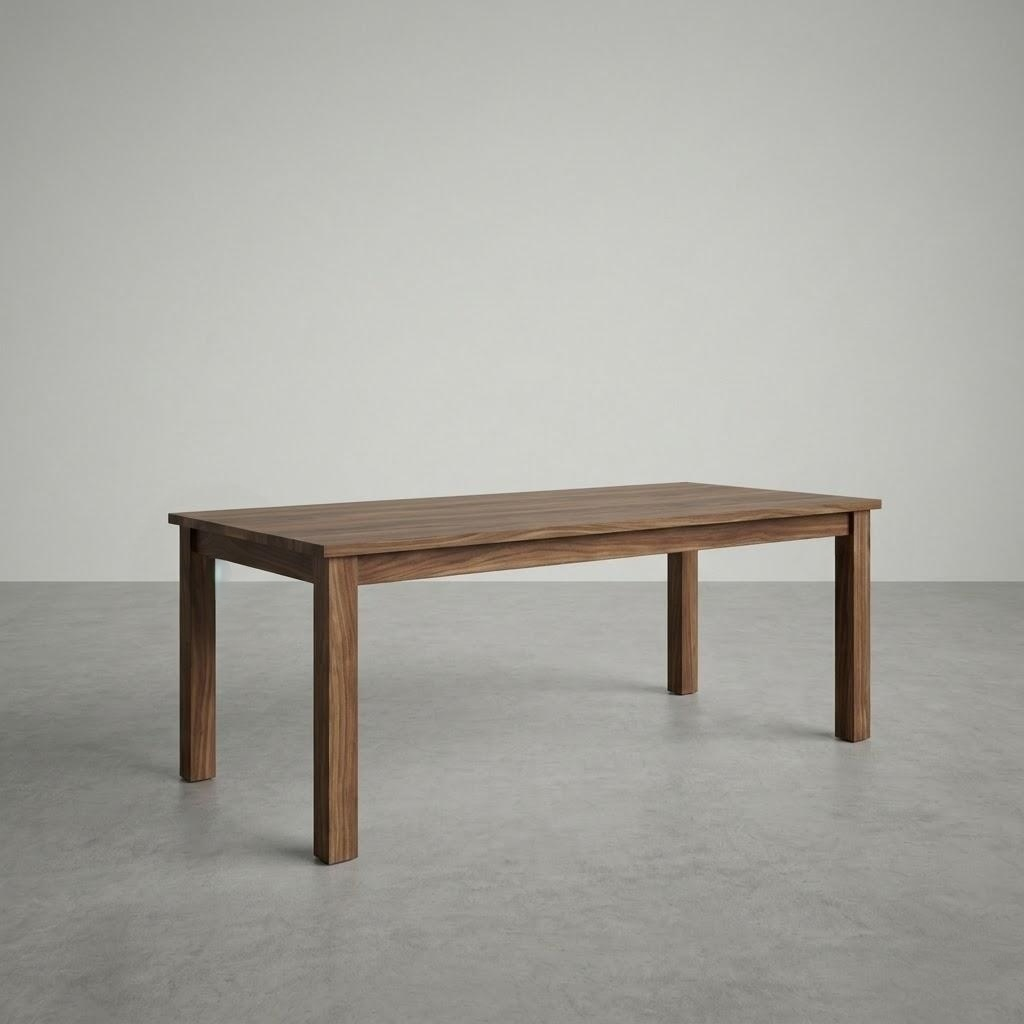 Wooden table on a gray floor with a plain gray background