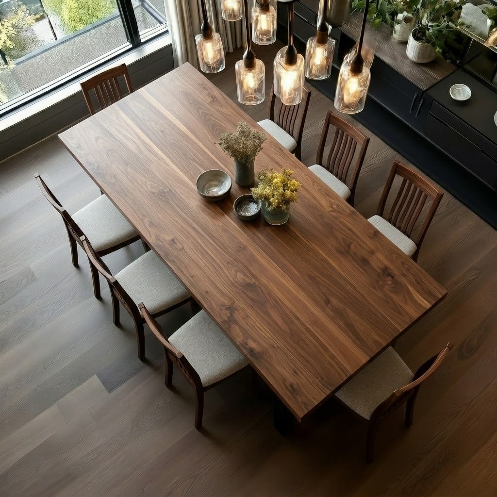 A high-angle view of a rectangular wooden dining table with eight matching wooden chairs featuring off-white upholstered seats, styled in a modern dining room with pendant lights, a window, and dark cabinetry.