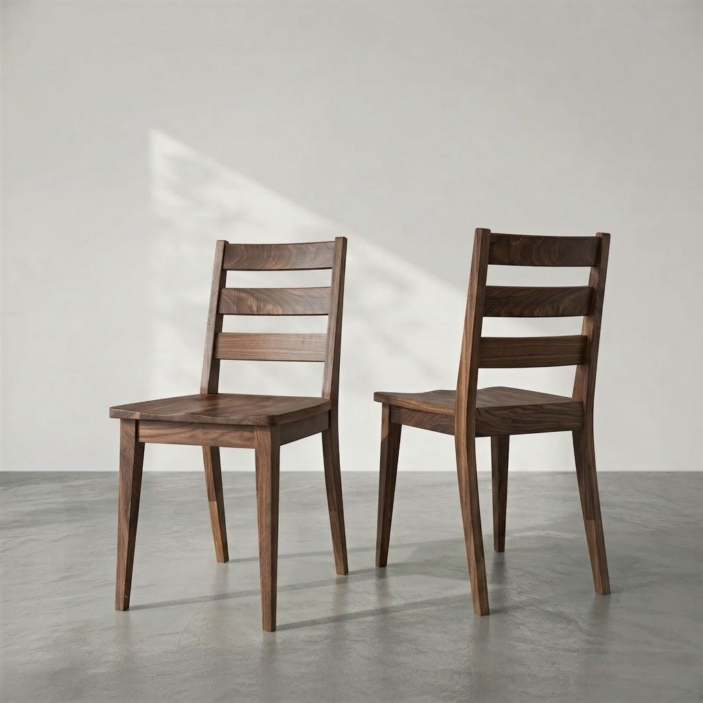 Two dark brown wooden dining chairs with ladder backs, shown from the rear in a minimalist studio setting with a gray concrete floor and a light gray wall.