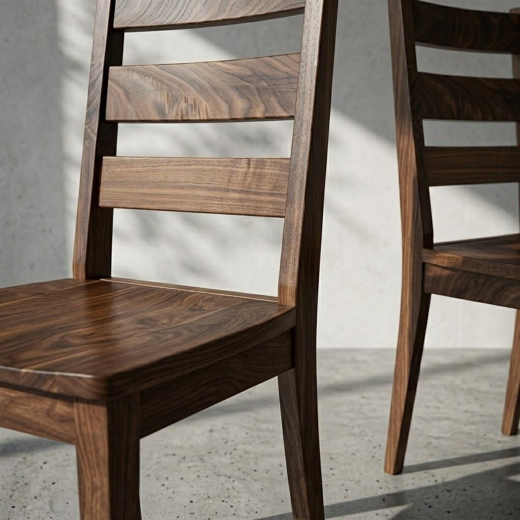 A close-up of a dark brown wooden dining chair with a slatted backrest, shown in a minimalist room setting with concrete flooring and soft natural shadows.