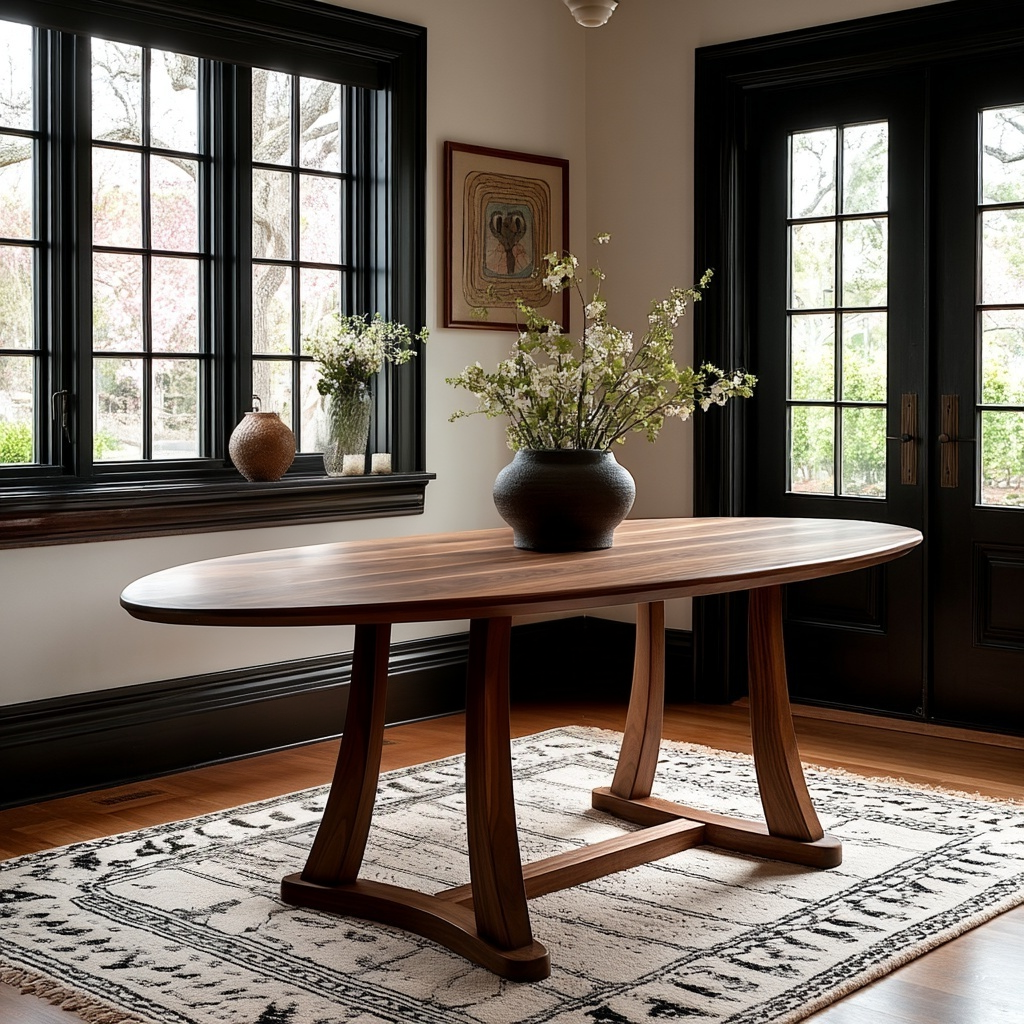 Wooden dining table with decorative vases and flowers in a room with large windows.