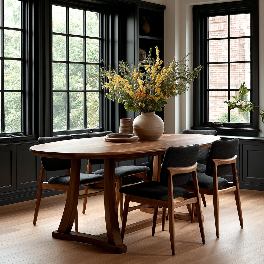 Dining room with wooden table and chairs, vase of flowers on the table.