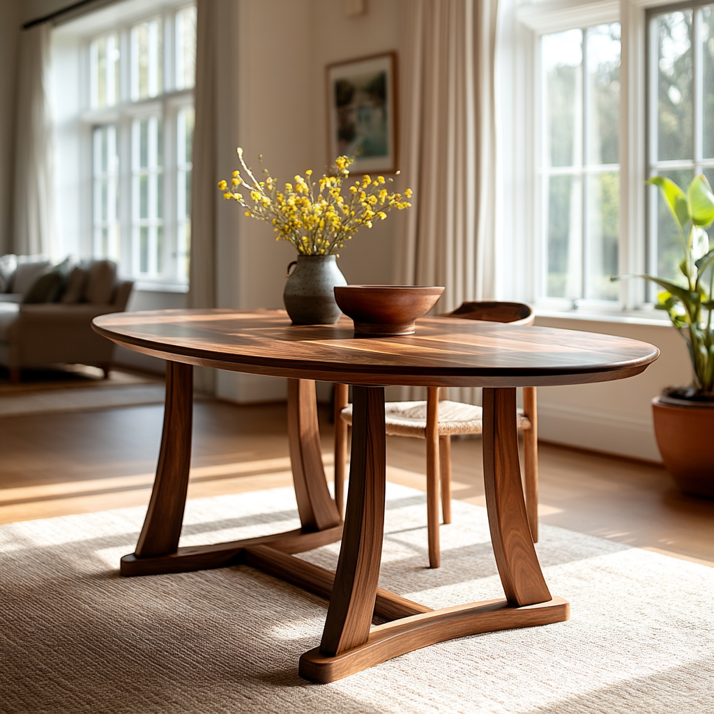 Wooden dining table with decorative items in a bright room with large windows.