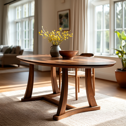 Wooden dining table with decorative items in a bright room with large windows.