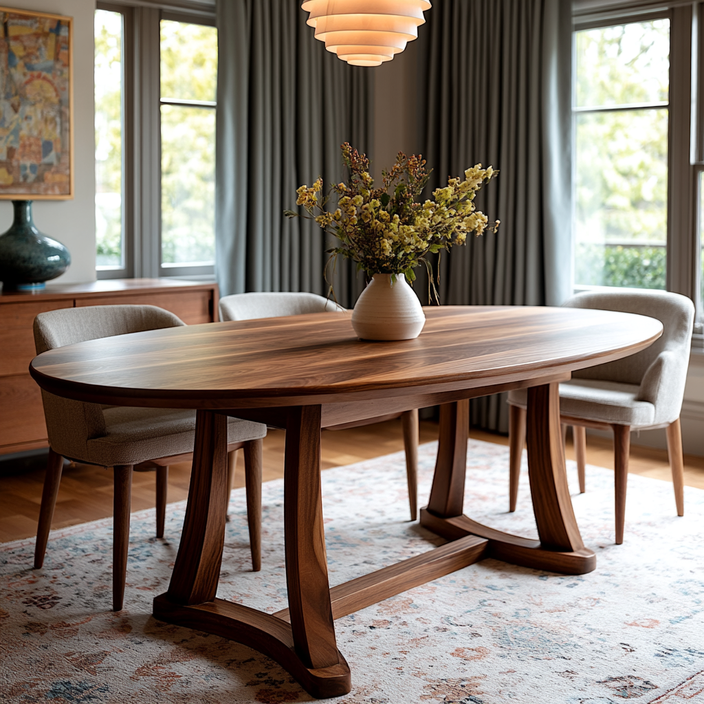 Wooden dining table with chairs in a well-lit room with large windows and curtains.