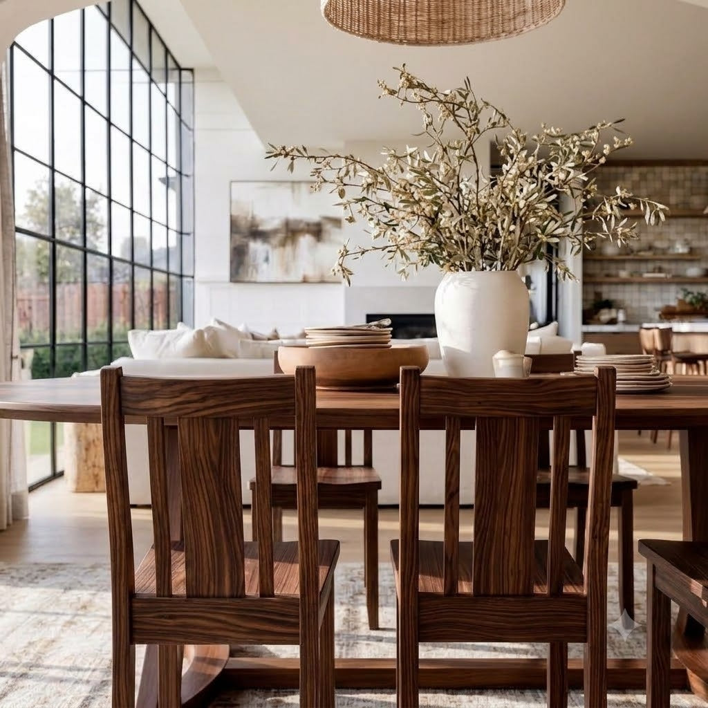 A dining room scene with a dark wood dining table and matching wooden chairs, styled with a large white vase of dried branches in the center. The room has high ceilings, a large black-framed window, and a neutral-toned interior.