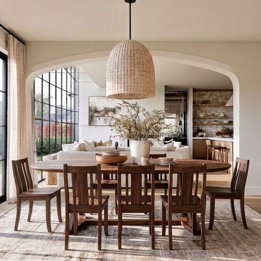 A dining room scene with a round wooden dining table and six matching wooden chairs, centered under a large woven pendant light. The room has warm neutral walls, an arched opening to a living area, and large windows with black framing.
