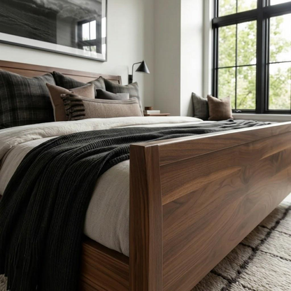 Wooden bed with plaid and striped pillows in a modern bedroom.