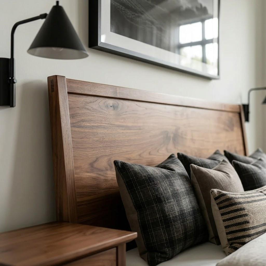 Wooden headboard with pillows and a lamp on a wall