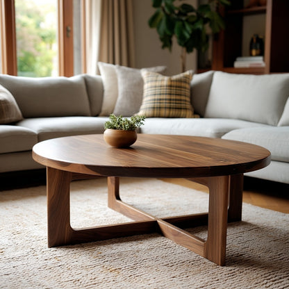 Wooden coffee table in a living room with a sofa and decorative pillows.