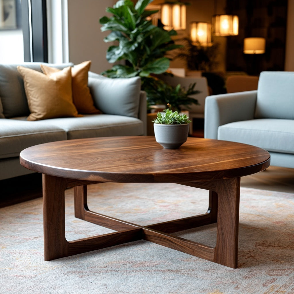 Wooden coffee table in a living room setting with a plant on top