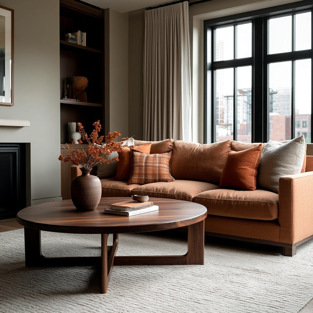 Modern living room with a brown sectional sofa, wooden coffee table, and large windows.