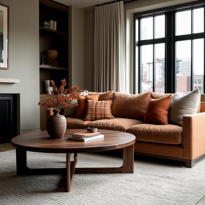 Modern living room with a brown sectional sofa, wooden coffee table, and large windows.