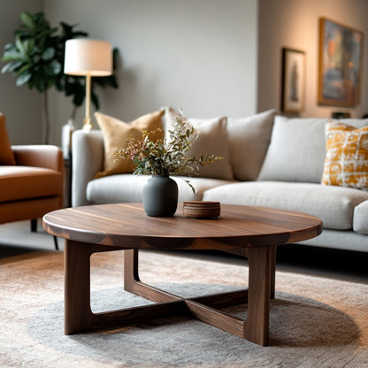 Living room with a wooden coffee table, gray sofa, and decorative elements.