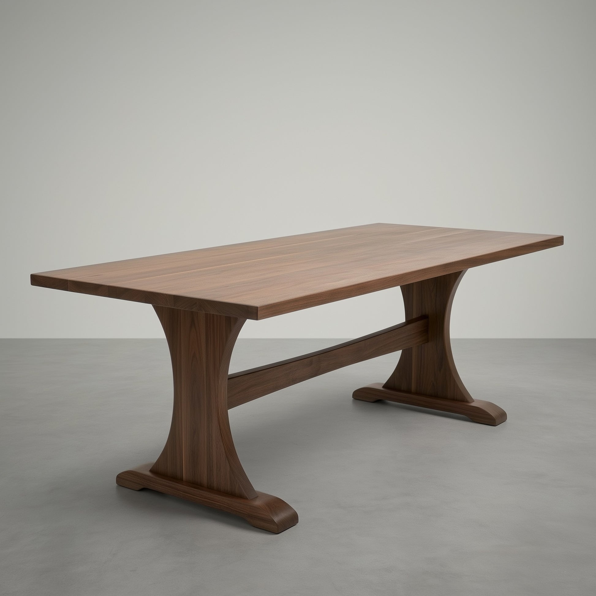 Wooden dining table with a minimalist design on a gray background