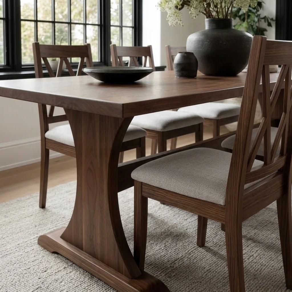Dining room with wooden table and chairs in a well-lit room.
