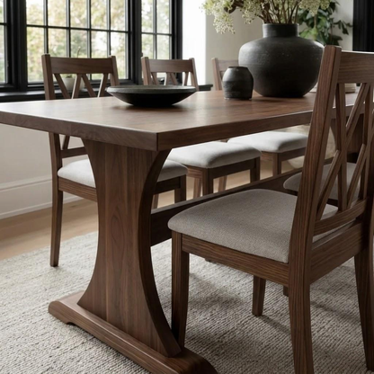 Dining room with wooden table and chairs in a well-lit room.