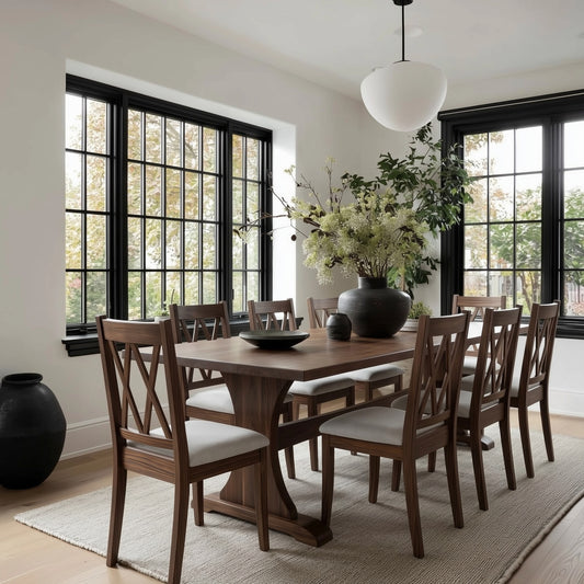 Dining room with wooden table and chairs, large windows, and decorative vases.