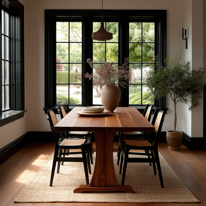 Dining room with wooden table and chairs, large windows, and a plant.