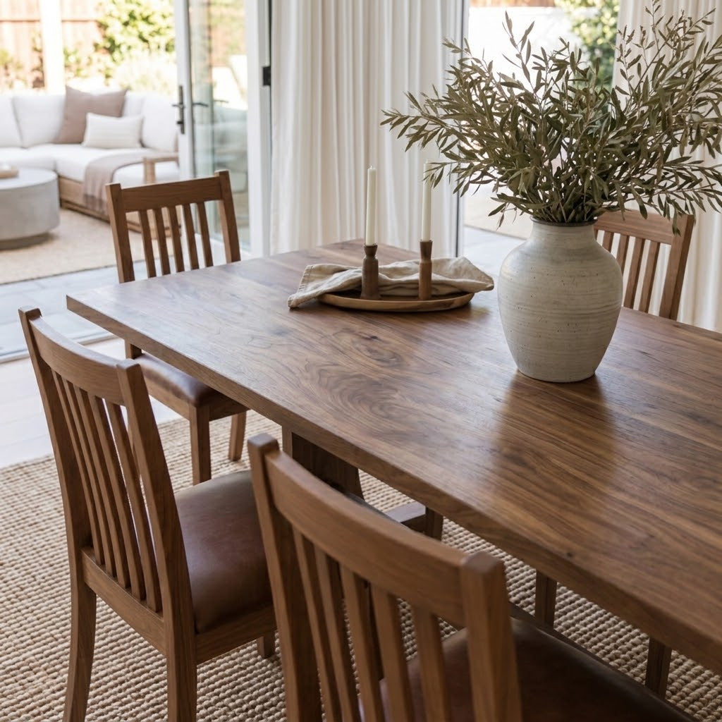 Walnut Rowland Dining Table with Ensworth Chairs, featuring rich natural wood grain, brown upholstered seats, and decorative greenery in a bright dining room.