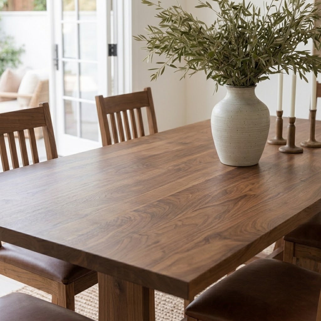 Close-up of the Walnut Rowland Dining Table showcasing its natural walnut grain, thick rectangular tabletop, and matching Ensworth Chairs with upholstered seats.