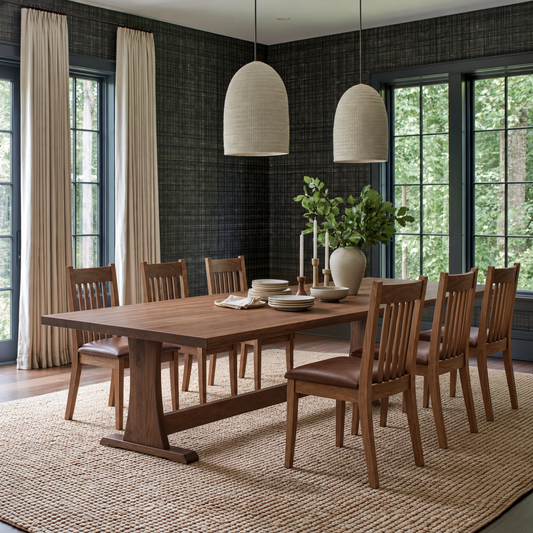 Walnut Rowland Dining Table surrounded by Ensworth Chairs with brown upholstered seats in an elegant dining room with dark textured walls and pendant lighting.