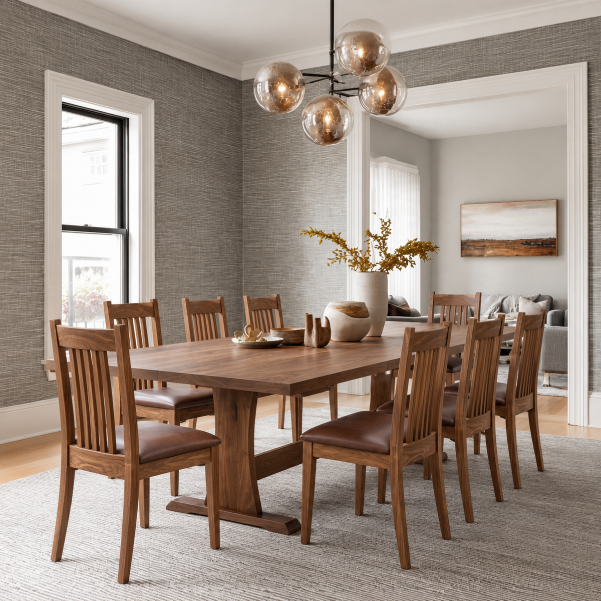 Walnut Rowland Dining Table paired with eight Ensworth Chairs featuring slatted wooden backs and brown upholstered seats in a sophisticated dining room.