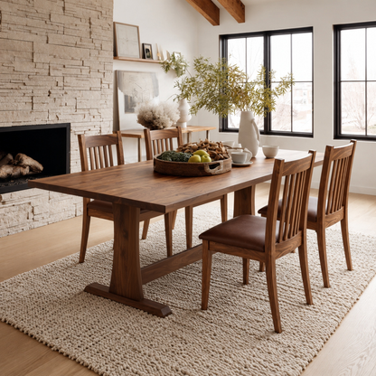Walnut Rowland Dining Table with matching Ensworth Chairs in a rustic modern dining room featuring a stone fireplace, exposed wooden beams, and natural light.