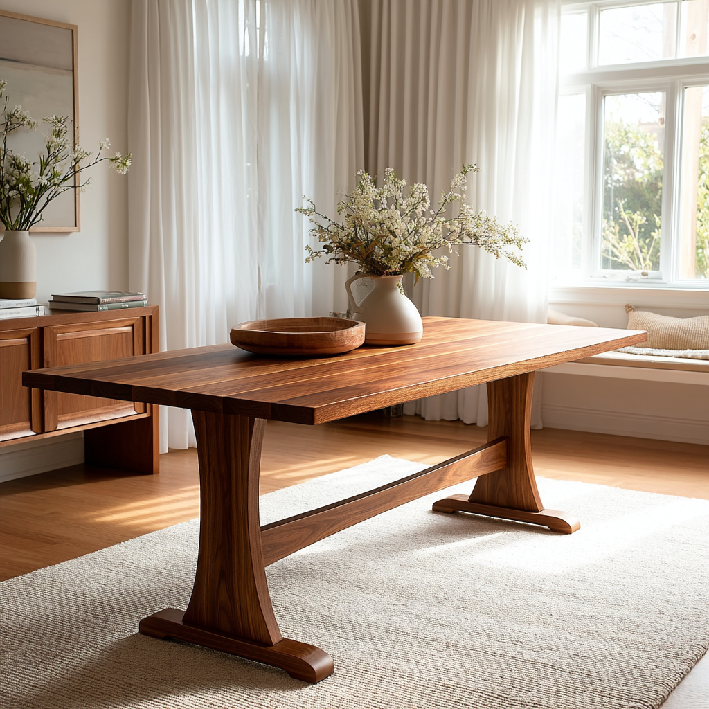 Wooden dining table with decorative items in a bright room with large windows.