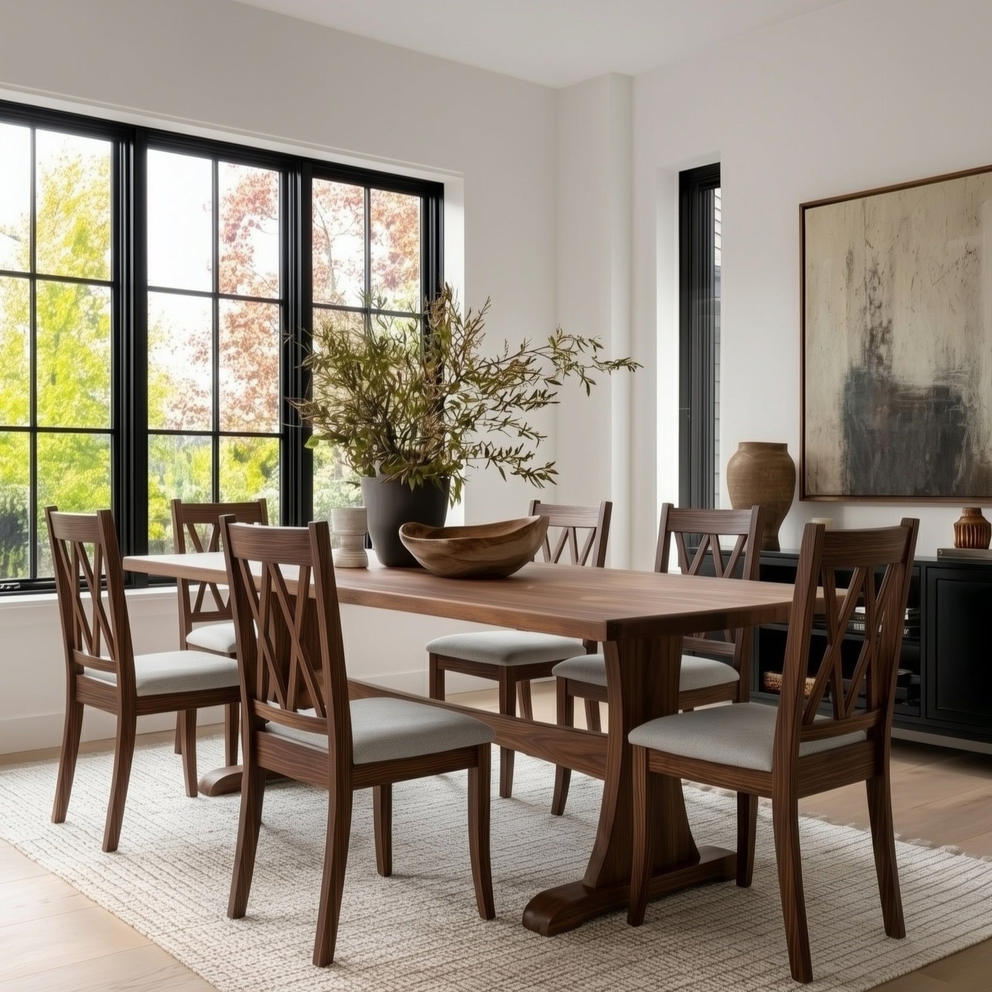 Dining room with wooden table and chairs in a well-lit room with large windows.