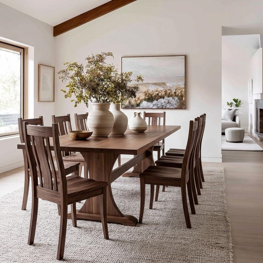 A dark wood dining table with matching slatted chairs in a bright, modern dining room. The table is styled with two large beige ceramic vases containing dried botanicals, set on a textured light beige rug.