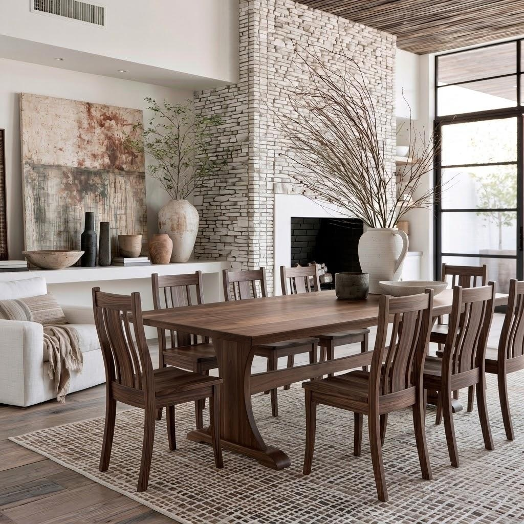 A dark wood dining table with matching slatted chairs arranged on a woven area rug in a modern dining room with a stone fireplace, large windows, and decorative vases.