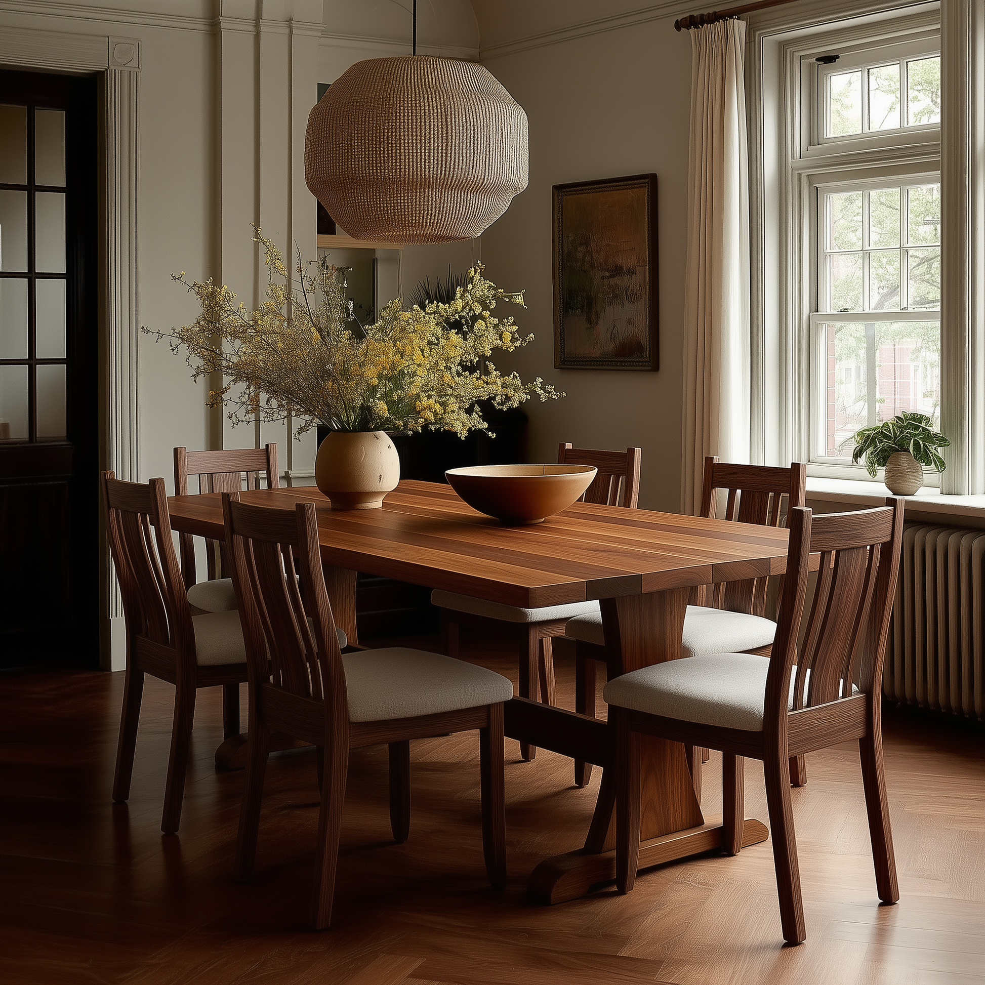 Dining room with wooden table and chairs, decorative plants, and a large window.