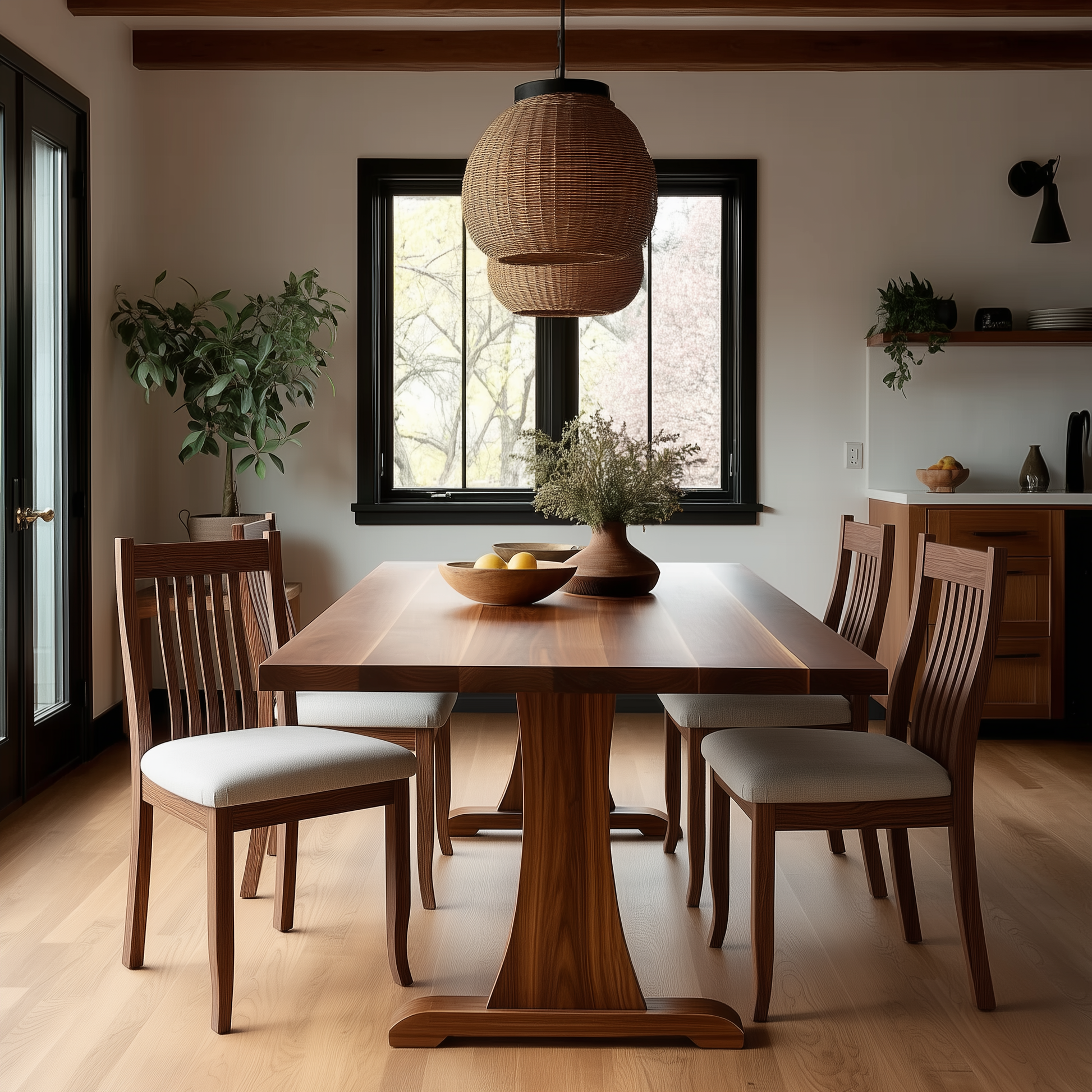 Dining room with wooden table and chairs, wicker pendant light, and plants.