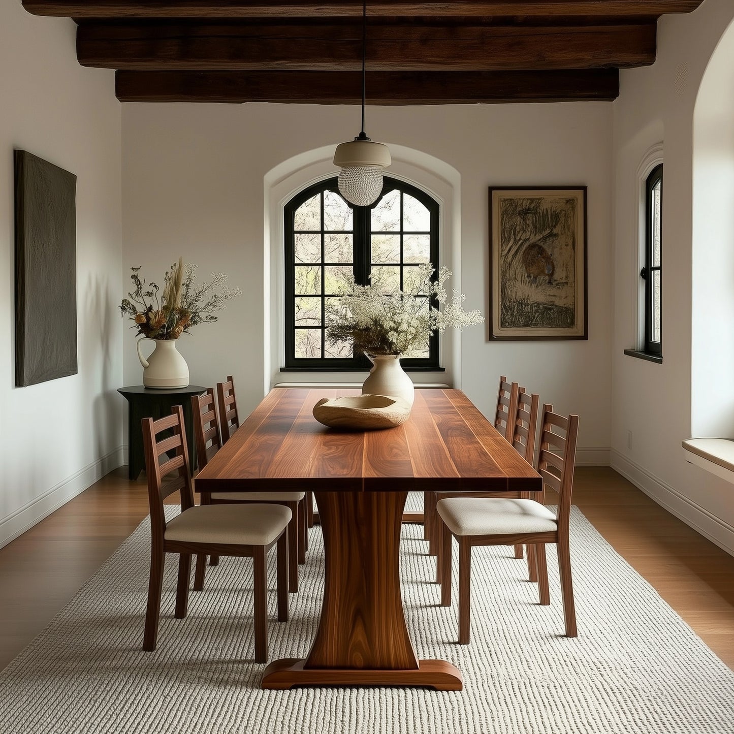 Dining room with wooden table and chairs, large window, and decorative elements.