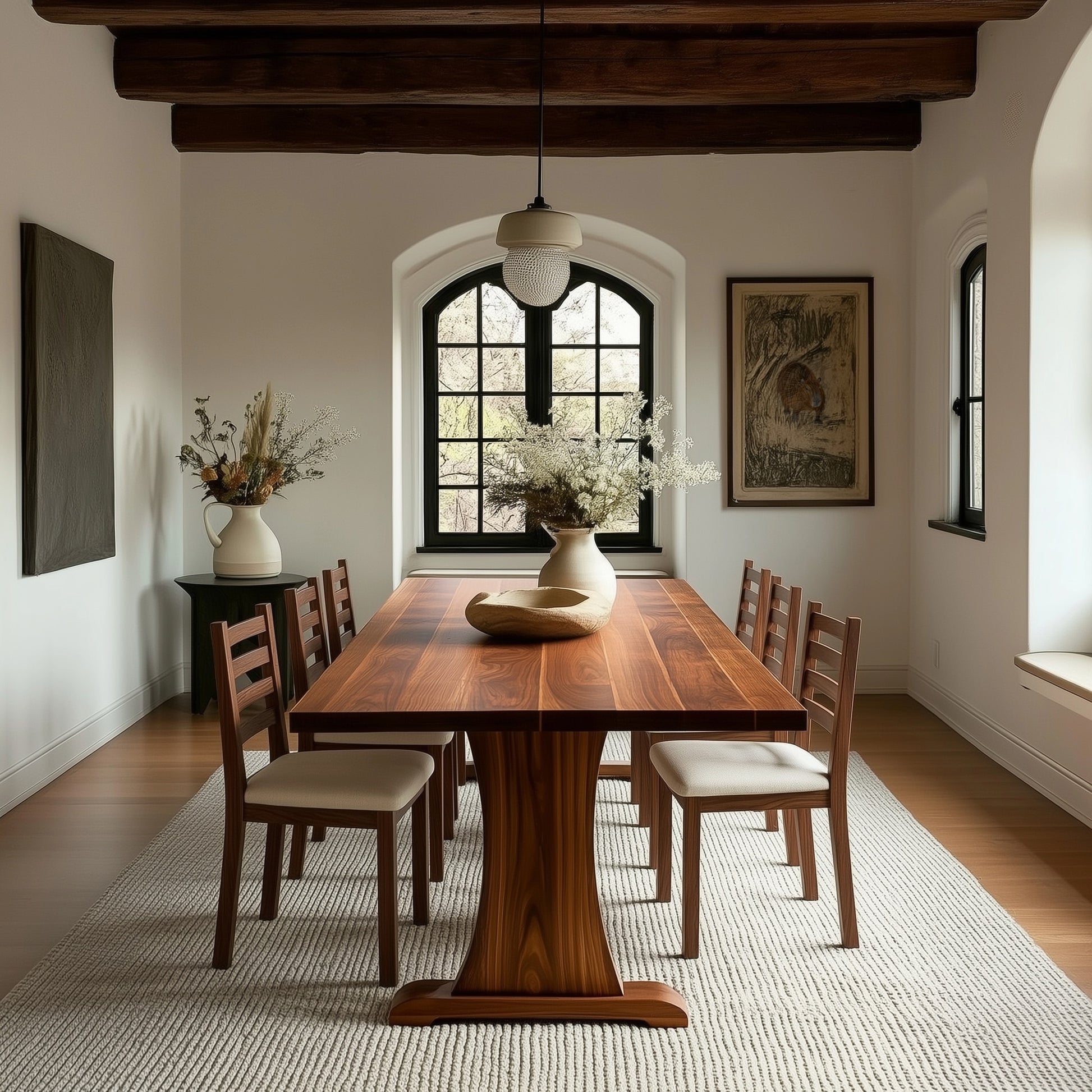 Dining room with wooden table and chairs, large window, and decorative elements.