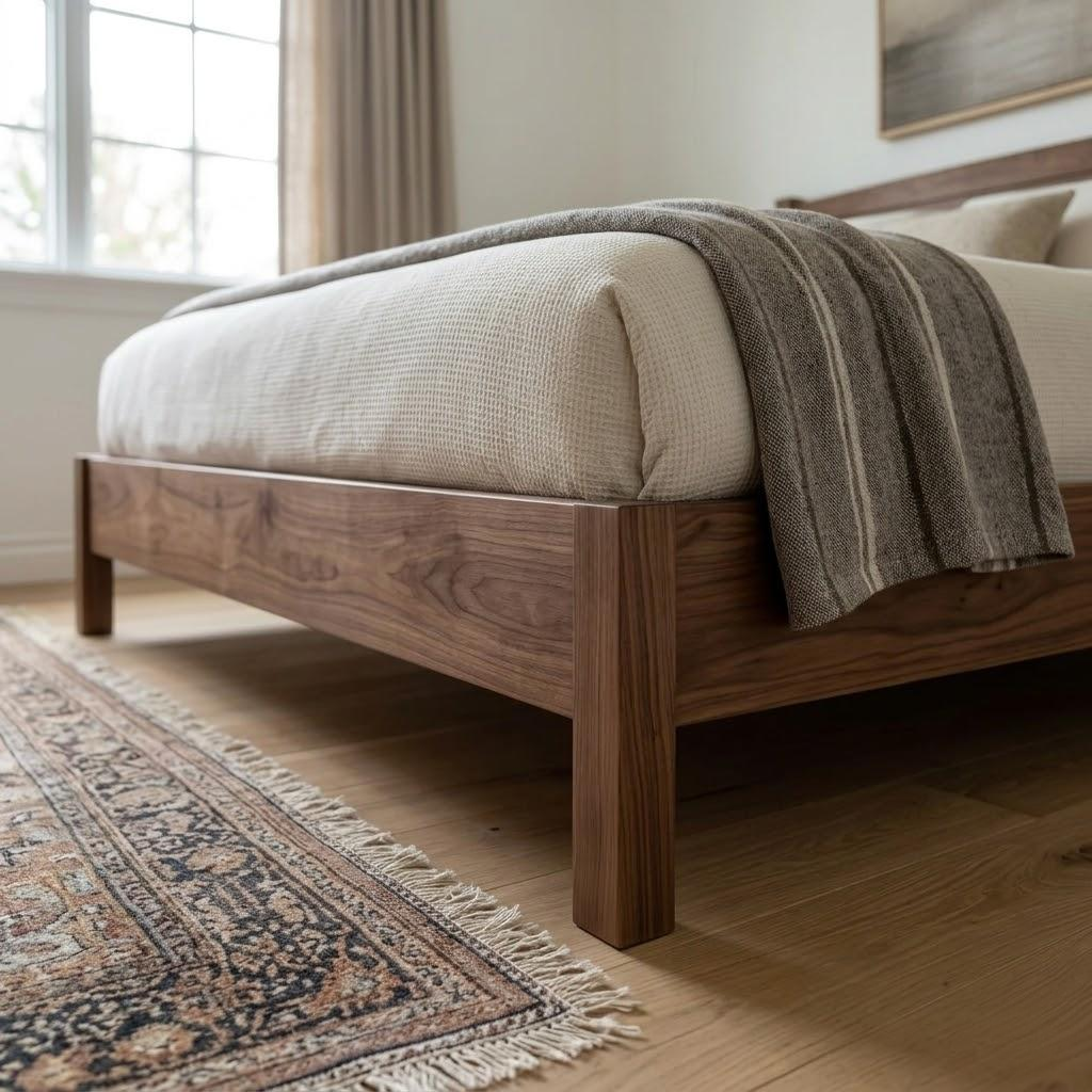Wooden bed with beige bedding and a striped blanket in a bedroom setting.