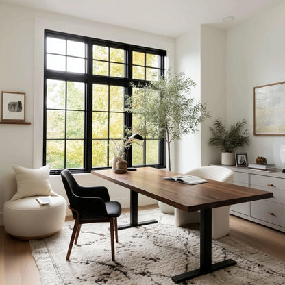 Modern home office with a walnut standing desk, black chair, and large windows.