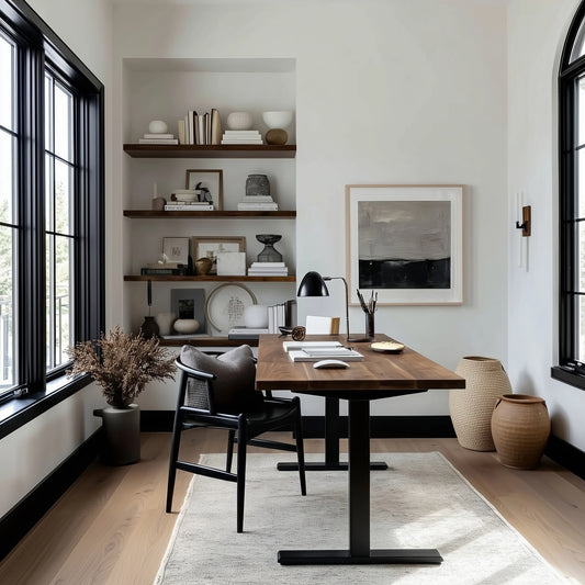 Modern home office with wooden desk, chairs, and shelves.