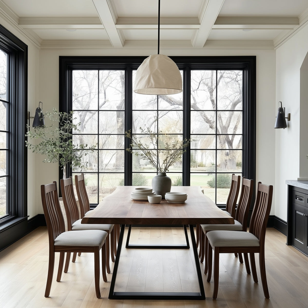 Dining room with wooden table and chairs in a well-lit room with large windows.